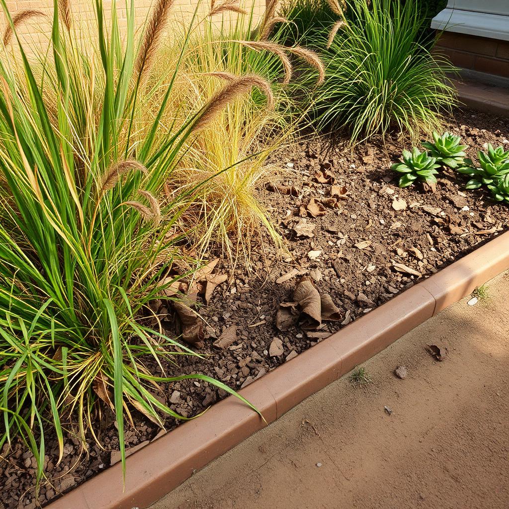 Overgrown flowerbed with weeds, dead leaves and patchy soil