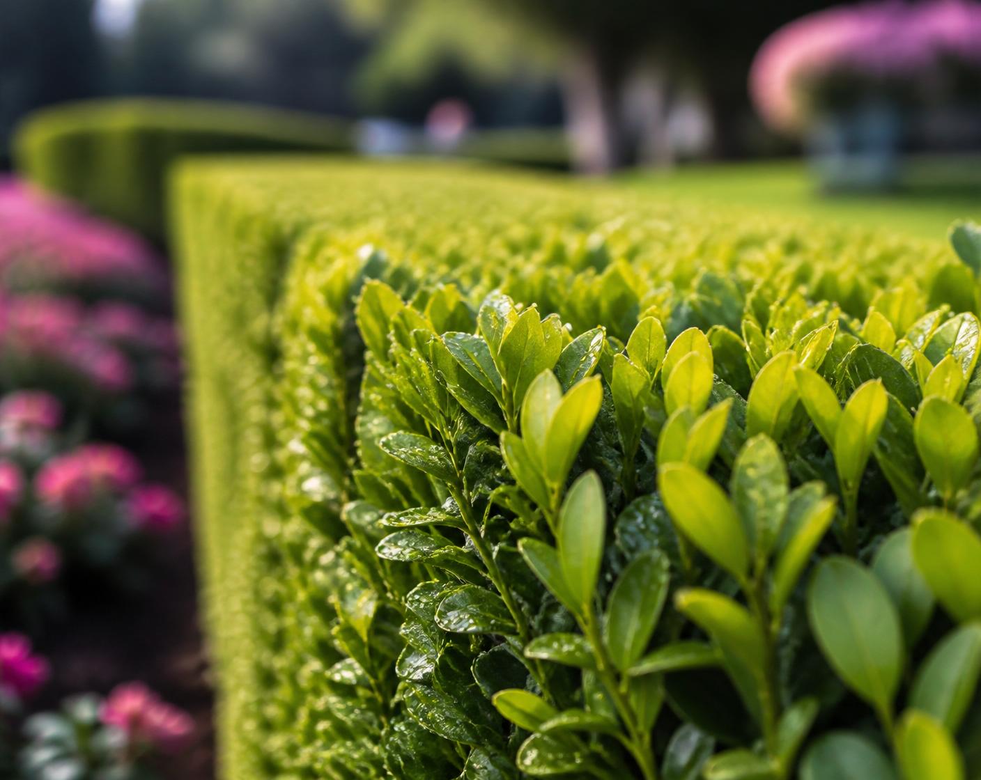 Freshly trimmed hedge with dewy leaves in a manicured garden